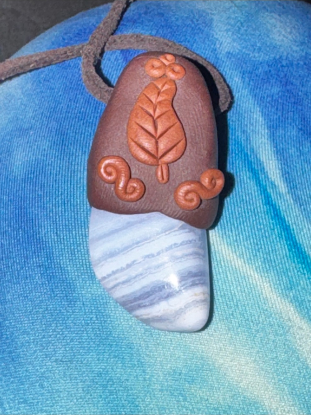 Handmade Brown Leaf Pendant Necklace with Blue Agate Accent